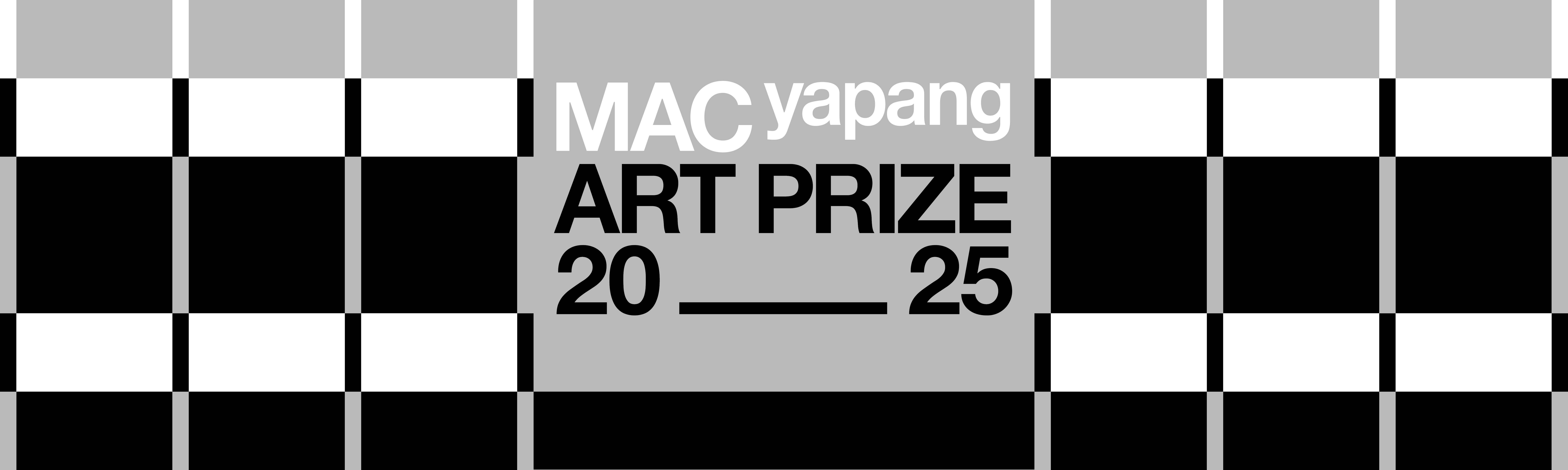 Black and white logo for MAC yapang Art Prize with black, white and grey patterned background