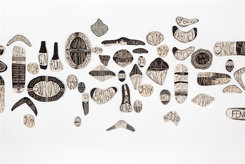 Artwork by Penny Evans, In Black and White, created in 2023, made of porcellaneous stoneware underglazes carving sgraffito. photo by Michelle Eabrey. In art gallery Museum of Art and Culture, yapang Lake Macquarie