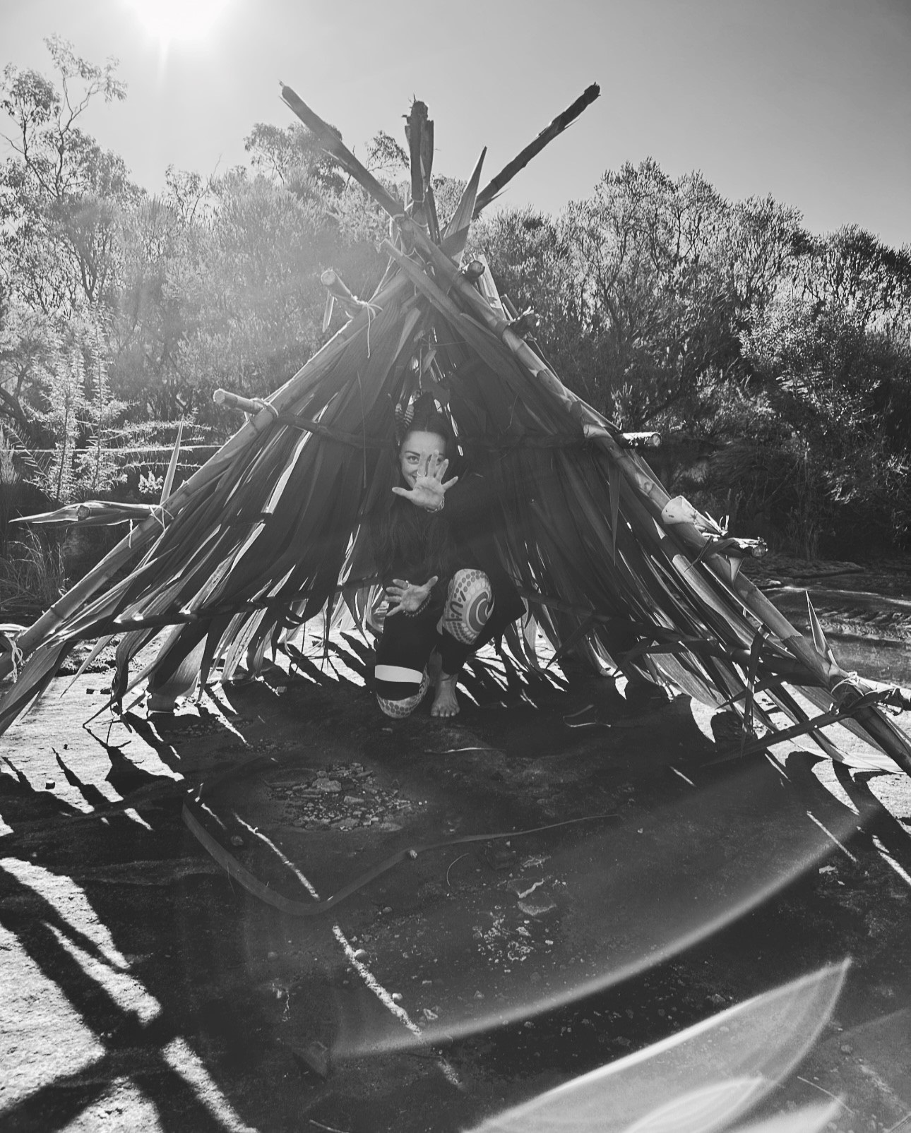 Lily crouches inside a small shelter, outdoors under a bright sun with trees in the background. The image is in black and white.
